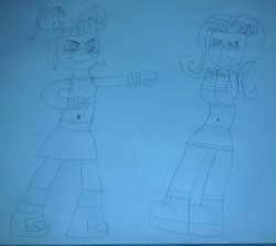 Size: 857x763 | Tagged: safe, artist:shafty817, imported from derpibooru, fluttershy, sour sweet, equestria girls, boxing, exeron fighters, exeron gloves, fight, monochrome, traditional art