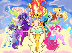 Size: 1280x950 | Tagged: safe, artist:pandanx12, imported from derpibooru, applejack, fluttershy, pinkie pie, rainbow dash, rarity, sci-twi, sunset shimmer, twilight sparkle, equestria girls, friendship games, daydream shimmer, parody, ponied up, puella magi madoka magica