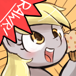 Size: 750x750 | Tagged: safe, artist:lumineko, imported from derpibooru, part of a set, derpy hooves, pegasus, pony, avatar, cute, derpabetes, dialogue, female, i just don't know what went wrong, mare, muffin, open mouth, rawr, rawrvatar, solo, speech bubble, upside down