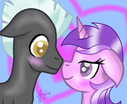 Size: 1500x1236 | Tagged: safe, artist:purpleloverpony, imported from derpibooru, amethyst star, sparkler, thunderlane, pegasus, pony, unicorn, amethystlane, blushing, crack shipping, female, floppy ears, looking at each other, looking at someone, male, mare, shipping, stallion, straight