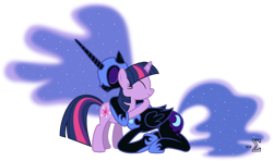 Size: 1600x946 | Tagged: safe, artist:90sigma, imported from derpibooru, nightmare moon, twilight sparkle, alicorn, pony, unicorn, cute, female, hug, simple background, solo, transparent background