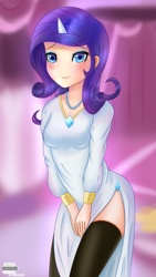 Size: 978x1738 | Tagged: safe, artist:vanillafox2035, imported from derpibooru, rarity, human, boutique, clothes, dress, female, horned humanization, humanized, looking at you, multiple variants, side slit, solo, stockings