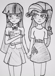 Size: 2540x3445 | Tagged: safe, artist:php71, deleted from derpibooru, imported from derpibooru, rarity, twilight sparkle, equestria girls, book, female, h.g. wells, heart, holding hands, lesbian, monochrome, rarilight, romantic, shipping, the invisible man, traditional art