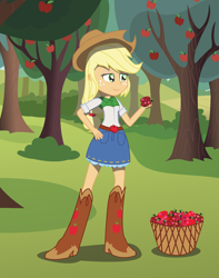 Size: 2361x3000 | Tagged: safe, artist:amante56, artist:matty4z, imported from derpibooru, applejack, equestria girls, apple, basket, boots, clothes, cowboy boots, cowboy hat, denim skirt, female, freckles, hand on hip, hat, heart, roses and hearts 2015, skirt, solo, stetson