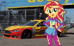 Size: 4608x2860 | Tagged: safe, imported from derpibooru, sunset shimmer, equestria girls, friendship games, absurd resolution, car, clothes, equestria girls in real life, female, ford, ford fusion, gloves, joey logano, looking at you, motorcross, nascar, photo, race track, racecar, solo, wondercolts