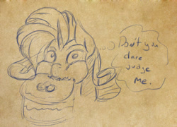 Size: 1005x722 | Tagged: safe, artist:post-it, imported from derpibooru, rarity, cake, caught, eating, female, monochrome, sketch, solo, thought bubble