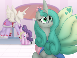 Size: 1180x882 | Tagged: safe, artist:faith-wolff, imported from derpibooru, queen chrysalis, suri polomare, alicorn, changeling, changeling queen, earth pony, pony, fanfic:the bridge, fanfic:the bridge: sound of thunder, clothes, dark mirror universe, dress, duchess chrysalis, duo, female, mannequin, mare, mirror universe, pince-nez, ponyquin, reversalis, story included