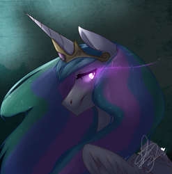 Size: 867x878 | Tagged: safe, artist:discosweetruletik, imported from derpibooru, princess celestia, female, glowing eyes, looking back, profile, solo