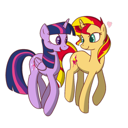 Size: 1000x1000 | Tagged: safe, artist:faeizumine, imported from derpibooru, sunset shimmer, twilight sparkle, alicorn, pony, unicorn, female, heart, lesbian, shipping, sunsetsparkle, twilight sparkle (alicorn)