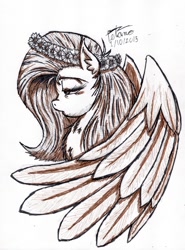 Size: 2411x3258 | Tagged: safe, artist:petanoprime, imported from derpibooru, fluttershy, pegasus, pony, bust, female, floral head wreath, flower, inktober, inktober 2015, mare, monochrome, solo, traditional art