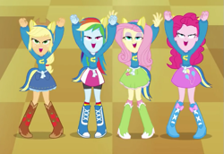 Size: 701x481 | Tagged: safe, imported from derpibooru, screencap, applejack, fluttershy, pinkie pie, rainbow dash, equestria girls, boots, cowboy boots, female, helping twilight win the crown, high heel boots, shoes