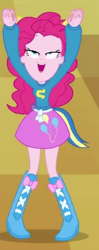 Size: 171x430 | Tagged: safe, imported from derpibooru, screencap, pinkie pie, equestria girls, equestria girls (movie), boots, clothes, cropped, female, great moments in animation, helping twilight win the crown, high heel boots, lidded eyes, mid-blink screencap, pony ears, raised arms, shoes, solo, wondercolts uniform