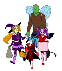 Size: 1322x1512 | Tagged: safe, artist:rileyav, imported from derpibooru, adagio dazzle, aria blaze, sonata dusk, oc, oc:anon, human, vampire, equestria girls, adoragio, ariabetes, clothes, costume, cute, cute little fangs, devil horns, fangs, glasses, hat, horns, pumpkin bucket, simple background, sonatabetes, the dazzlings, trick or treat, white background, witch, witch hat, younger