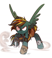 Size: 1451x1633 | Tagged: safe, artist:imalou, imported from derpibooru, oc, oc only, oc:cannonball, pegasus, pony, fallout equestria, hoof blades, raider, solo, weapon, wings