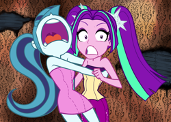 Size: 1098x786 | Tagged: safe, artist:rileyav, imported from derpibooru, aria blaze, sonata dusk, equestria girls, bare shoulders, clothes, dress, haunted house, screaming, sleeveless, strapless