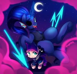 Size: 2000x1908 | Tagged: safe, artist:maren, imported from derpibooru, lily longsocks, princess luna, alicorn, earth pony, pony, background pony, carrying, clothes, costume, cute, eyepatch, female, filly, frisk, holding, looking at you, looking up, magic, mare, moon, night, nightmare night, open mouth, pippi longstocking, sharp teeth, shirt, sitting, smiling, spear, strong, super strength, telekinesis, tongue out, underhoof, undertale, undyne