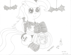 Size: 2202x1700 | Tagged: safe, artist:mc-ryan, imported from derpibooru, oc, oc only, oc:cherry gourmet, clothes, costume, halloween, happy, holiday, jack-o-lantern, monochrome, pumpkin, solo