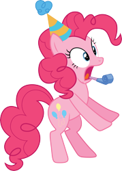 Size: 5836x8162 | Tagged: safe, artist:quanno3, imported from derpibooru, pinkie pie, earth pony, pony, .svg available, absurd resolution, bipedal, female, hat, open mouth, party hat, party horn, simple background, solo, surprised, transparent background, vector