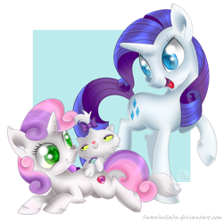 Size: 800x800 | Tagged: safe, artist:swanlullaby, imported from derpibooru, opalescence, rarity, sweetie belle, cat, pony, unicorn, crusaders of the lost mark, butt touch, cute, cutie mark, diasweetes, ear fluff, female, filly, fluffy, looking at each other, mare, opalbetes, pet, raribetes, the cmc's cutie marks, unshorn fetlocks