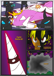 Size: 1238x1742 | Tagged: safe, artist:otakon, imported from derpibooru, princess celestia, oc, oc:dark thunder, changeling, comic:canterlot hero, comic, commission