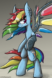 Size: 1600x2388 | Tagged: safe, artist:blvckmagic, imported from derpibooru, rainbow dash, pegasus, pony, augmented, backwards cutie mark, bipedal, chest fluff, cyberpunk, female, implied amputation, prosthetic limb, prosthetic wing, prosthetics, solo