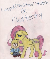 Size: 1062x1264 | Tagged: safe, artist:bowlingfordisco, imported from derpibooru, fluttershy, pony, butters, crossover, duo, flutterbutters, south park, traditional art