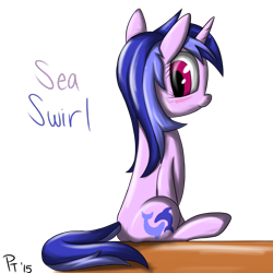 Size: 1000x1000 | Tagged: safe, artist:laffy372, imported from derpibooru, sea swirl, seafoam, pony, unicorn, backwards cutie mark, blushing, butt, female, looking back, plot, simple background, sitting, solo, transparent background