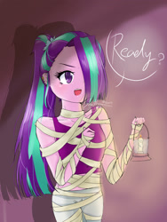 Size: 1536x2048 | Tagged: safe, artist:shatha-na, imported from derpibooru, aria blaze, equestria girls, bandage, female, hair over one eye, lantern, solo