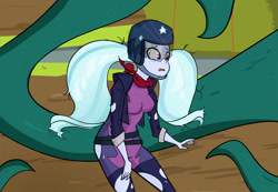 Size: 1114x773 | Tagged: safe, artist:piccolocwel, imported from derpibooru, sugarcoat, equestria girls, friendship games, breasts, busty sugarcoat, clothing damage, female, i've seen enough hentai to know where this is going, scene interpretation, solo, tentacles