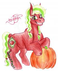 Size: 1541x1868 | Tagged: safe, artist:animagicworld, imported from derpibooru, applejack (g3), female, g3, pumpkin, solo, traditional art