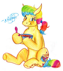 Size: 1428x1625 | Tagged: safe, artist:animagicworld, imported from derpibooru, alphabittle, earth pony, pony, female, g3, solo, soup, traditional art