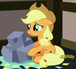 Size: 626x572 | Tagged: safe, imported from derpibooru, screencap, applejack, hearthbreakers, discovery family logo, female, rock, solo