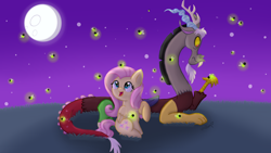 Size: 1280x720 | Tagged: safe, artist:vcm1824, imported from derpibooru, discord, fluttershy, firefly (insect), moon, night, prone