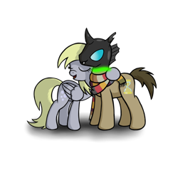 Size: 1000x1000 | Tagged: safe, artist:redquoz, imported from derpibooru, derpy hooves, doctor whooves, time turner, changeling, pegasus, pony, clothes, duo, female, hug, male, mare, scarf, stallion