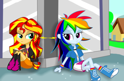 Size: 2000x1300 | Tagged: safe, artist:lovehtf421, imported from derpibooru, rainbow dash, sunset shimmer, equestria girls, :<, book, boots, clothes, courtyard, duo, female, lesbian, looking at each other, shipping, sitting, sunsetdash