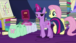 Size: 856x480 | Tagged: safe, imported from derpibooru, screencap, fluttershy, twilight sparkle, alicorn, pony, the hooffields and mccolts, book, female, graph, magic, mare, saddle bag, twilight sparkle (alicorn)