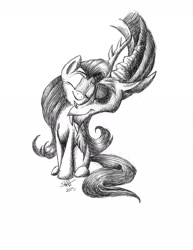 Size: 1700x2200 | Tagged: safe, artist:celestial-rainstorm, imported from derpibooru, discord, fluttershy, affection, cute, discoshy, discute, eyes closed, female, male, monochrome, neck nuzzle, nuzzling, shipping, simple background, smiling, straight, traditional art, white background