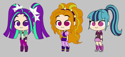 Size: 3835x1769 | Tagged: safe, artist:khuzang, imported from derpibooru, adagio dazzle, aria blaze, sonata dusk, equestria girls, chibi, clothes, cute, human coloration, skirt, smiling, the dazzlings