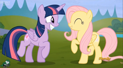 Size: 1276x704 | Tagged: safe, imported from derpibooru, screencap, fluttershy, twilight sparkle, alicorn, pegasus, pony, the hooffields and mccolts, booty call, cute, discovery family logo, duo, female, glowing cutie mark, happy, mare, raised hoof, shyabetes, smiling, twiabetes, twilight sparkle (alicorn)