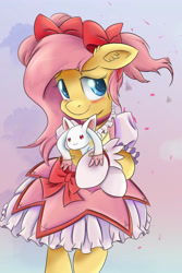 Size: 3750x5625 | Tagged: safe, artist:ardail, imported from derpibooru, fluttershy, anthro, absurd resolution, anime, blushing, clothes, colored pupils, cosplay, costume, crossover, cute, emiri katou, female, incubator (species), kyubey, madoka kaname, puella magi madoka magica, shyabetes, solo, voice actor joke