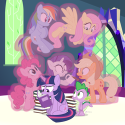 Size: 1200x1200 | Tagged: safe, artist:dm29, imported from derpibooru, applejack, fluttershy, pinkie pie, rainbow dash, rarity, spike, twilight sparkle, alicorn, dragon, earth pony, pegasus, pony, unicorn, season 5, the hooffields and mccolts, book, female, freeze spell, magic, male, mane seven, mane six, mare, telekinesis, that pony sure does love books, twilight sparkle (alicorn), twilight's castle, za warudo