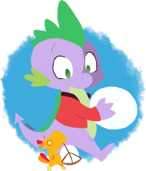 Size: 761x888 | Tagged: safe, artist:pokekid963, imported from derpibooru, peewee, spike, clothes, snow, snowball, sweater