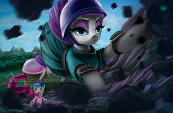 Size: 1280x835 | Tagged: safe, artist:sugarheartart, imported from derpibooru, maud pie, pinkie pie, maud pie (episode), pickelhaube, pinkierainbowraritwiapplefluttermaudfuntime, rock, scene interpretation, watermark