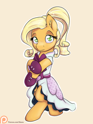 Size: 1050x1400 | Tagged: safe, artist:alasou, imported from derpibooru, applejack, pony, alternate hairstyle, bipedal, clothes, cute, female, jackabetes, patreon, patreon logo, simple background, solo