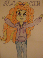 Size: 951x1284 | Tagged: safe, artist:blazingdazzlingdusk, imported from derpibooru, adagio dazzle, equestria girls, rainbow rocks, clothes, drawing, female, hoodie, smiling, solo, the dazzlings, traditional art, when she smiles