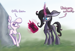 Size: 1200x825 | Tagged: safe, artist:heir-of-rick, imported from derpibooru, oleander, pom lamb, classical unicorn, lamb, sheep, them's fightin' herds, book, cloven hooves, community related, duo, magic, oleander (tfh), pom (tfh), scared, telekinesis, unicornomicon, unshorn fetlocks