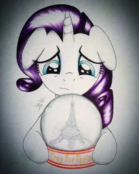 Size: 768x960 | Tagged: safe, artist:theasce, imported from derpibooru, rarity, eiffel tower, female, floppy ears, mouthpiece, paris, sad, snow globe, solo, stand with paris, traditional art