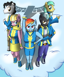 Size: 2400x2900 | Tagged: safe, artist:syforcewindlight, imported from derpibooru, meadow flower, mercury, rainbow dash, starry eyes (character), sunshower raindrops, thunderlane, anthro, unguligrade anthro, armpits, cloud, wink, wonderbolt trainee uniform