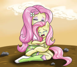 Size: 2952x2598 | Tagged: safe, artist:sumin6301, imported from derpibooru, fluttershy, equestria girls, boots, clothes, crying, duality, eyes closed, female, hug, human ponidox, open mouth, sad, self ponidox, sitting, skirt, socks, solo, square crossover, tanktop, teary eyes