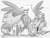 Size: 1280x985 | Tagged: safe, artist:ribnose, imported from derpibooru, gilda, griffon, destruction, female, giant griffon, giantess, grayscale, macro, monochrome, ponyville, signature, solo